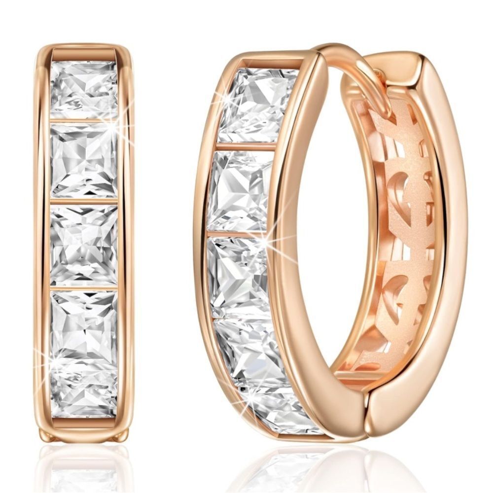 14K Rose Gold with White Diamond Cubic Zirconia Princess Cut Huggie Earrings